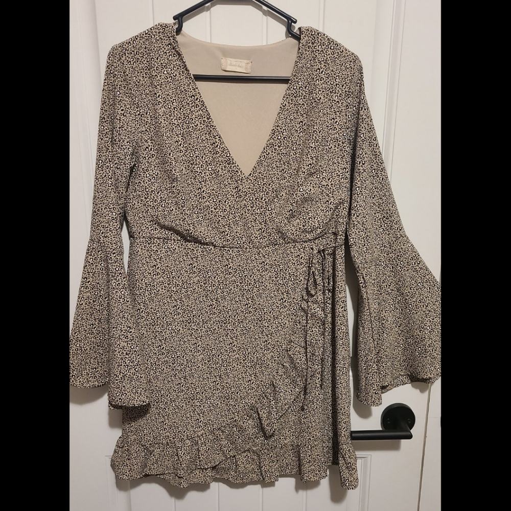 Altar'd State Leopard cheetah faux wrap dress medium bell sleeve